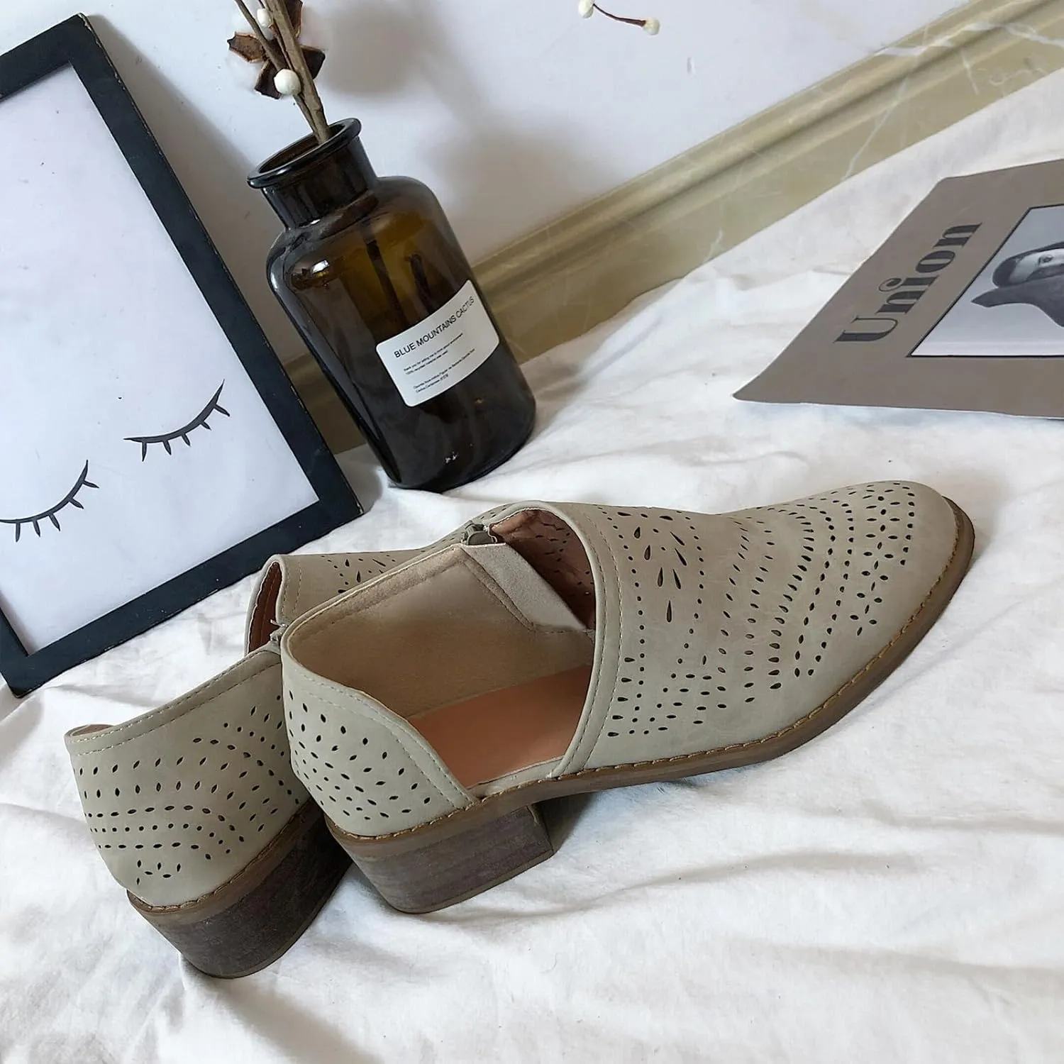 HINDOLA Women Ankle Boots Casual Cut Out Slip On Low Heel Chunky Stacked Heel Perforated Side V Cut Western Booties Cutout Dress Short Boots