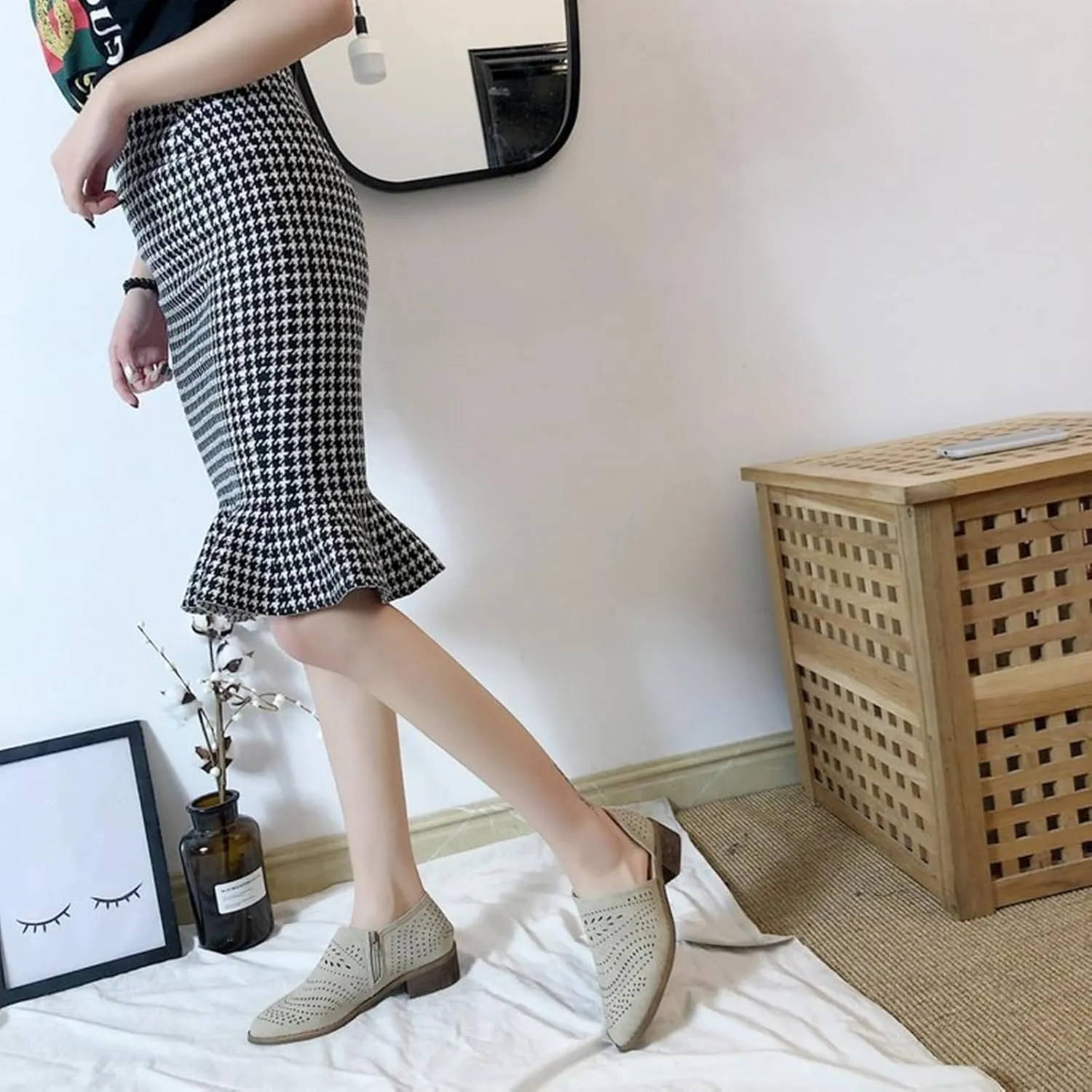 HINDOLA Women Ankle Boots Casual Cut Out Slip On Low Heel Chunky Stacked Heel Perforated Side V Cut Western Booties Cutout Dress Short Boots