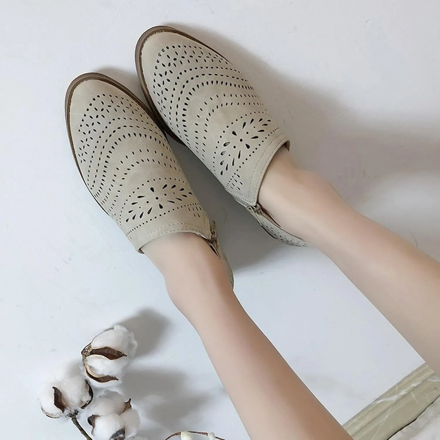 HINDOLA Women Ankle Boots Casual Cut Out Slip On Low Heel Chunky Stacked Heel Perforated Side V Cut Western Booties Cutout Dress Short Boots