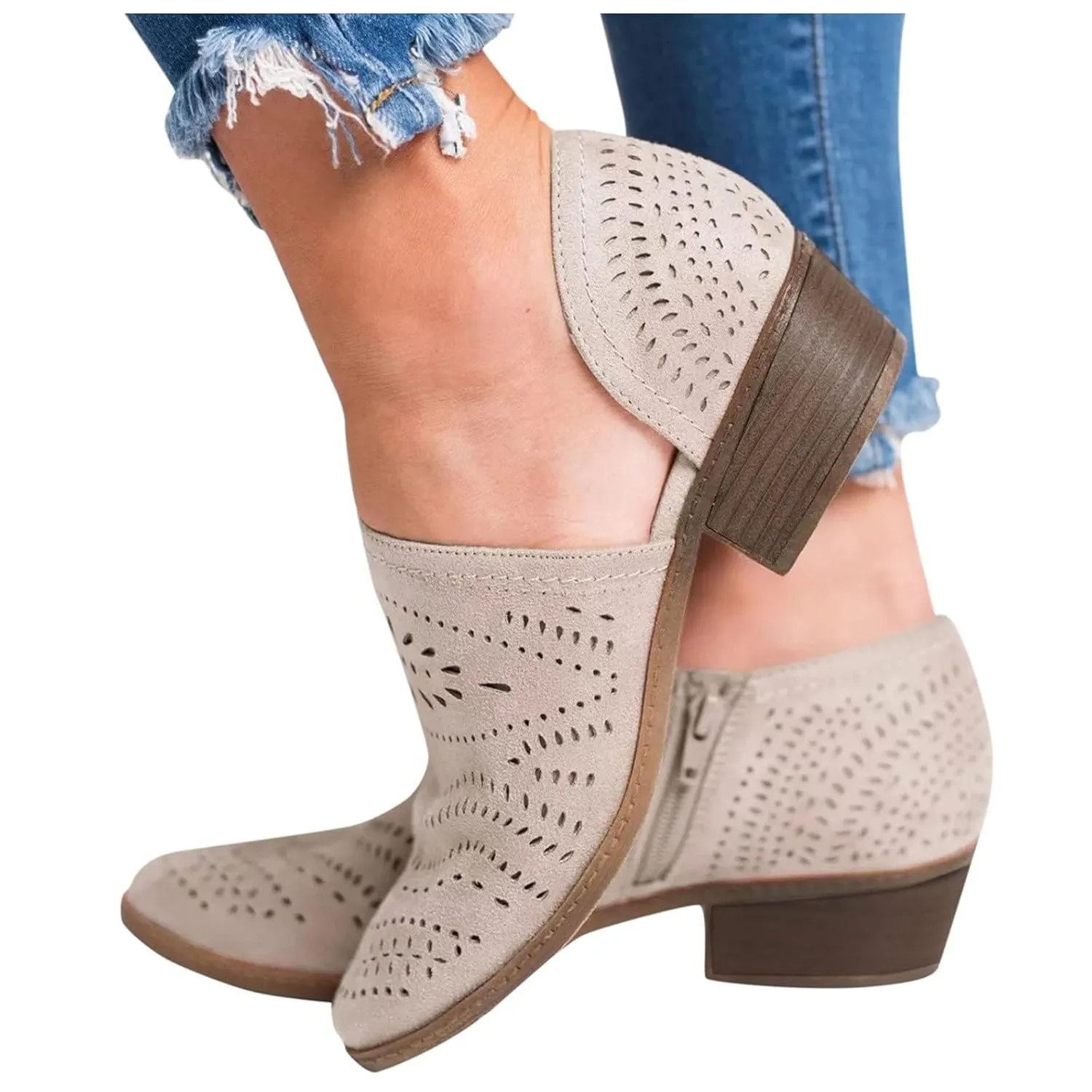 HINDOLA Women Ankle Boots Casual Cut Out Slip On Low Heel Chunky Stacked Heel Perforated Side V Cut Western Booties Cutout Dress Short Boots