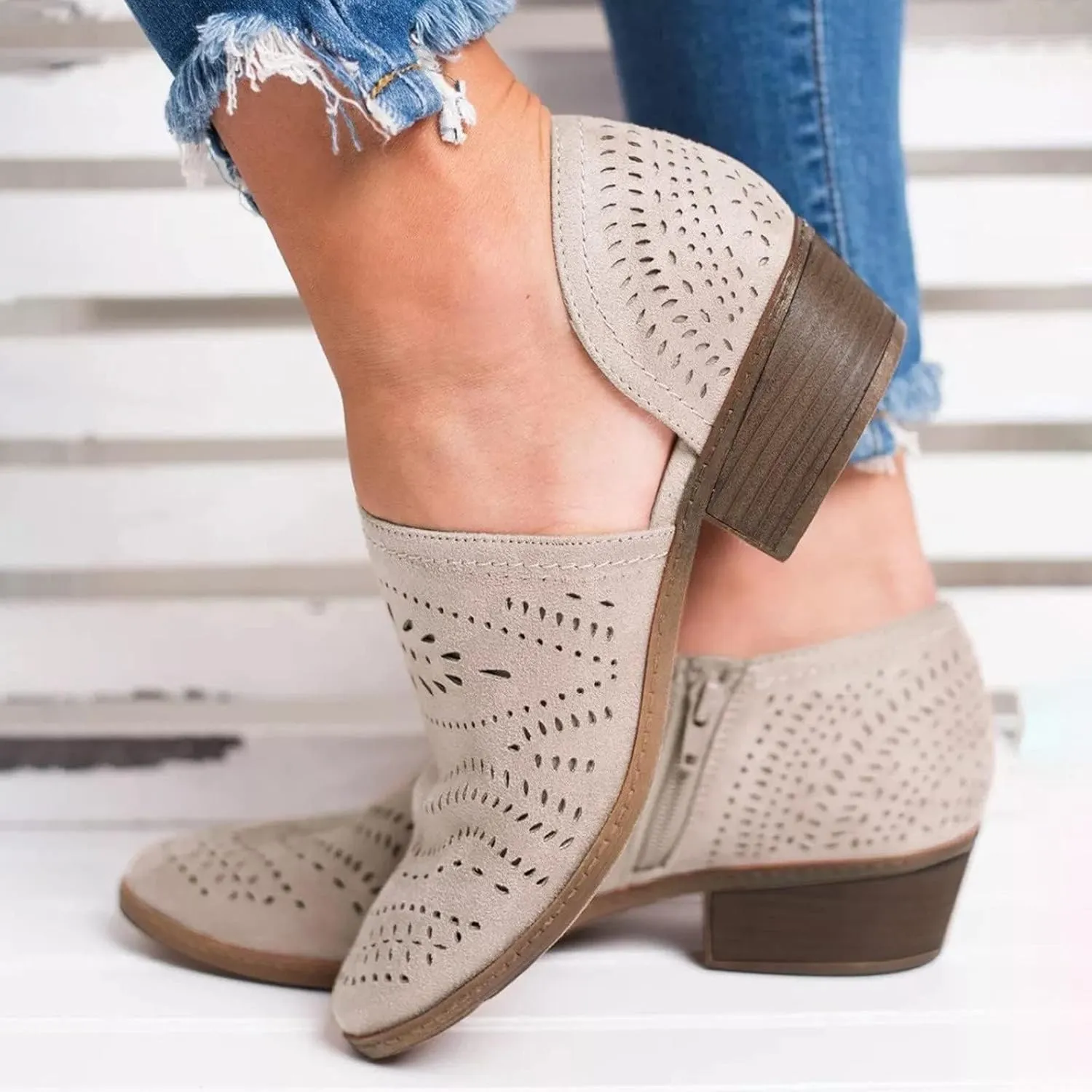 HINDOLA Women Ankle Boots Casual Cut Out Slip On Low Heel Chunky Stacked Heel Perforated Side V Cut Western Booties Cutout Dress Short Boots