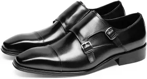 HOOENG Shoes Dress Oxford for Men Slip On Square Burnished Toe Double Monk Strap Cap Toe Genuine Leather Slip Resistant Low Top Rubber Sole Casual (Color : Black, Size : 8)