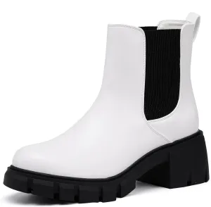 IDIFU IN2 Chelsea Boots Women Ankle Boots for Women Platform Low Heel Short Chunky Lug Sole Block Round Toe Boots Fall Dress Comfortable Fashion Booties for Women Elastic Heeled Boots