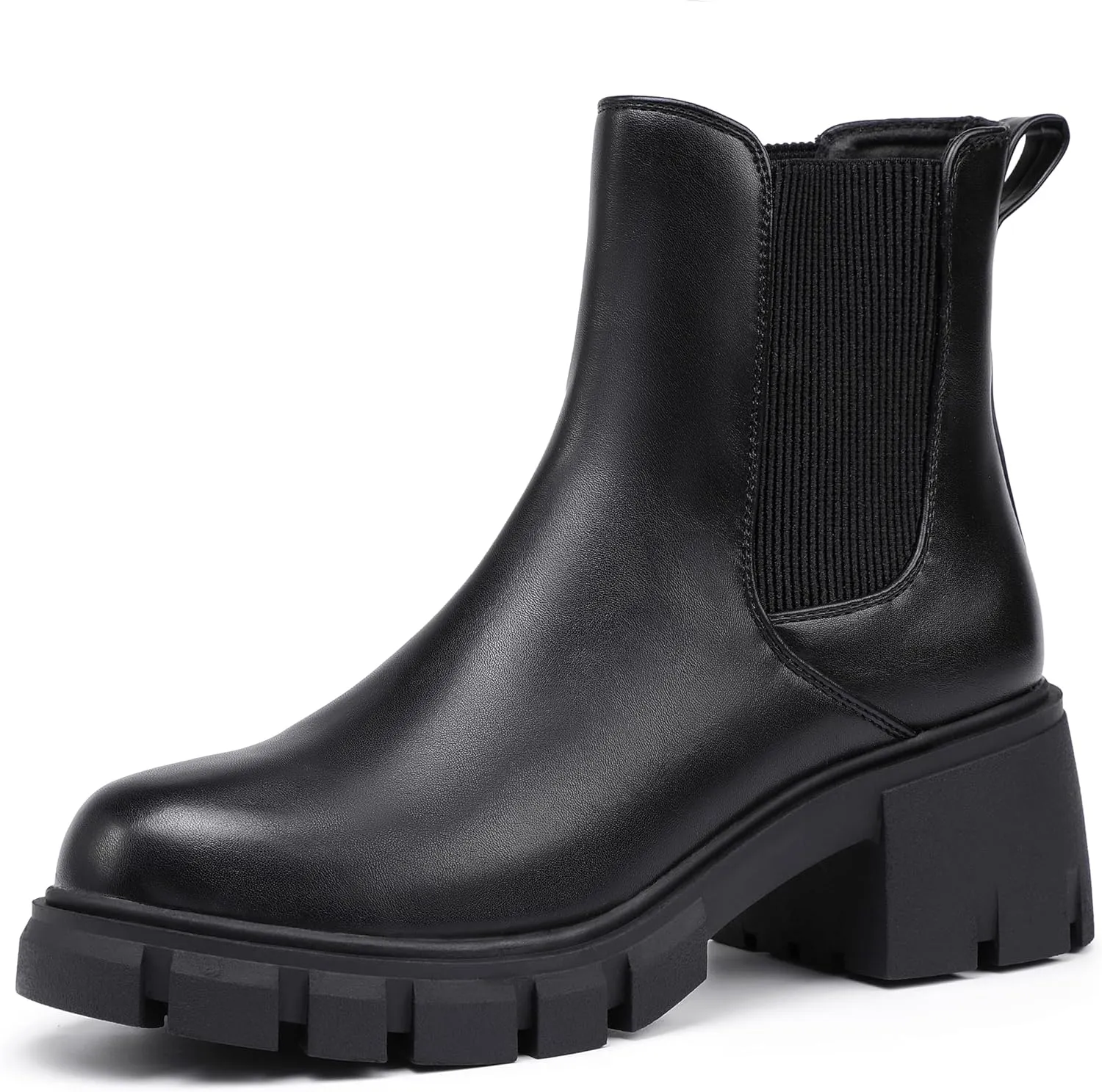 IDIFU IN2 Chelsea Boots Women Ankle Boots for Women Platform Low Heel Short Chunky Lug Sole Block Round Toe Boots Fall Dress Comfortable Fashion Booties for Women Elastic Heeled Boots