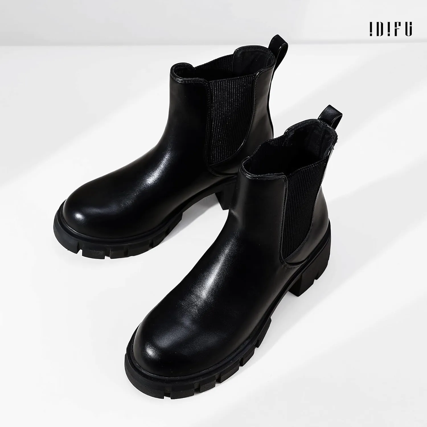 IDIFU IN2 Chelsea Boots Women Ankle Boots for Women Platform Low Heel Short Chunky Lug Sole Block Round Toe Boots Fall Dress Comfortable Fashion Booties for Women Elastic Heeled Boots