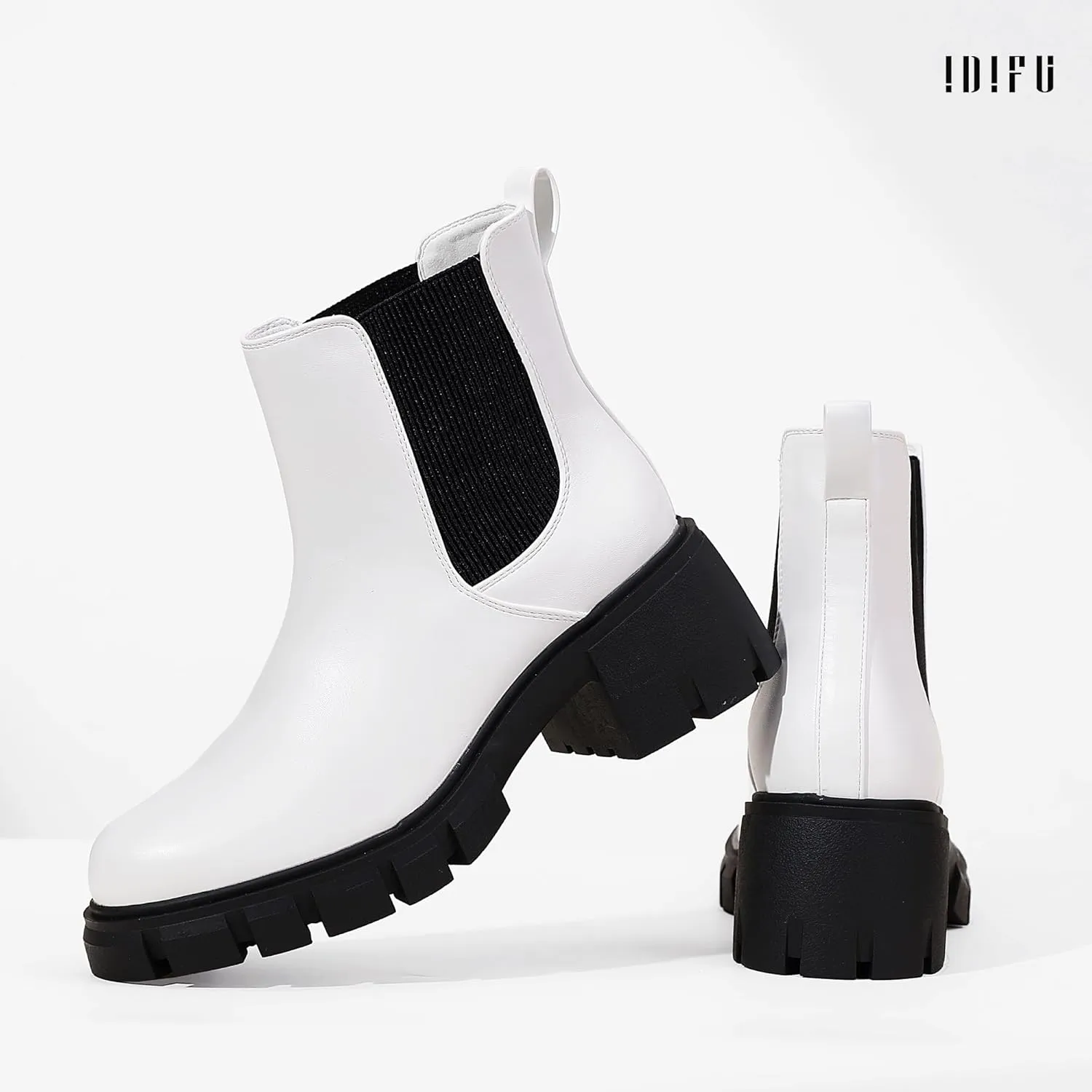 IDIFU IN2 Chelsea Boots Women Ankle Boots for Women Platform Low Heel Short Chunky Lug Sole Block Round Toe Boots Fall Dress Comfortable Fashion Booties for Women Elastic Heeled Boots