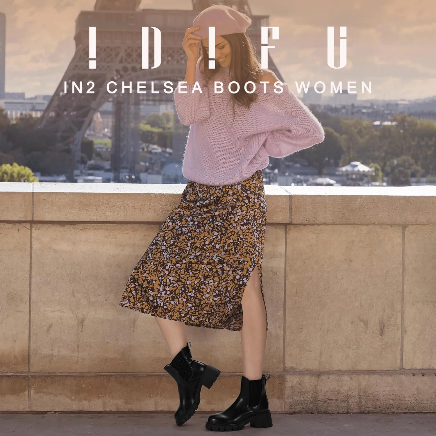IDIFU IN2 Chelsea Boots Women Ankle Boots for Women Platform Low Heel Short Chunky Lug Sole Block Round Toe Boots Fall Dress Comfortable Fashion Booties for Women Elastic Heeled Boots