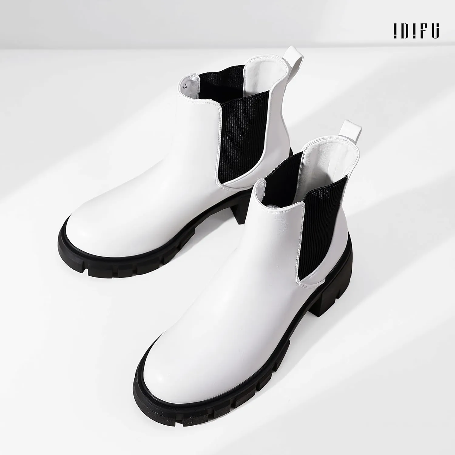 IDIFU IN2 Chelsea Boots Women Ankle Boots for Women Platform Low Heel Short Chunky Lug Sole Block Round Toe Boots Fall Dress Comfortable Fashion Booties for Women Elastic Heeled Boots