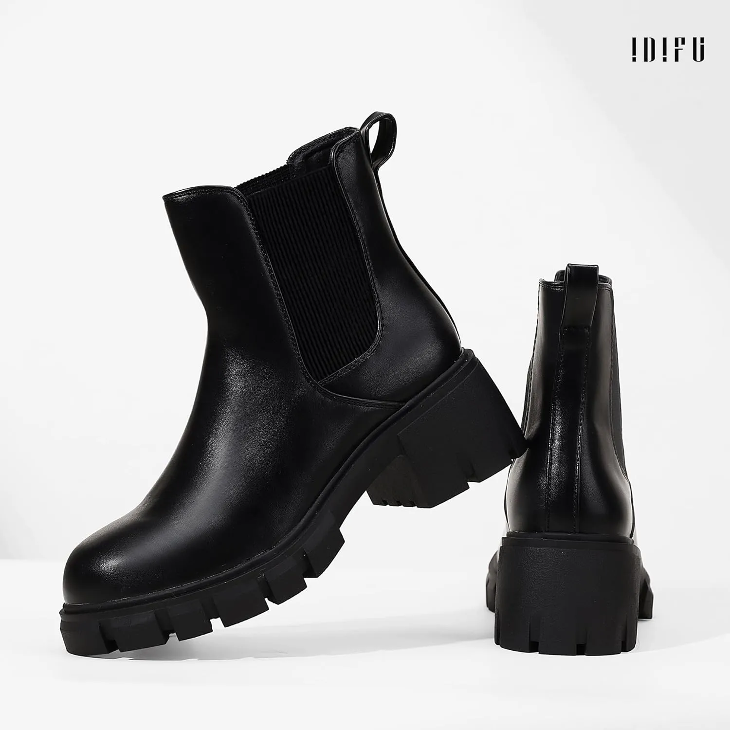 IDIFU IN2 Chelsea Boots Women Ankle Boots for Women Platform Low Heel Short Chunky Lug Sole Block Round Toe Boots Fall Dress Comfortable Fashion Booties for Women Elastic Heeled Boots