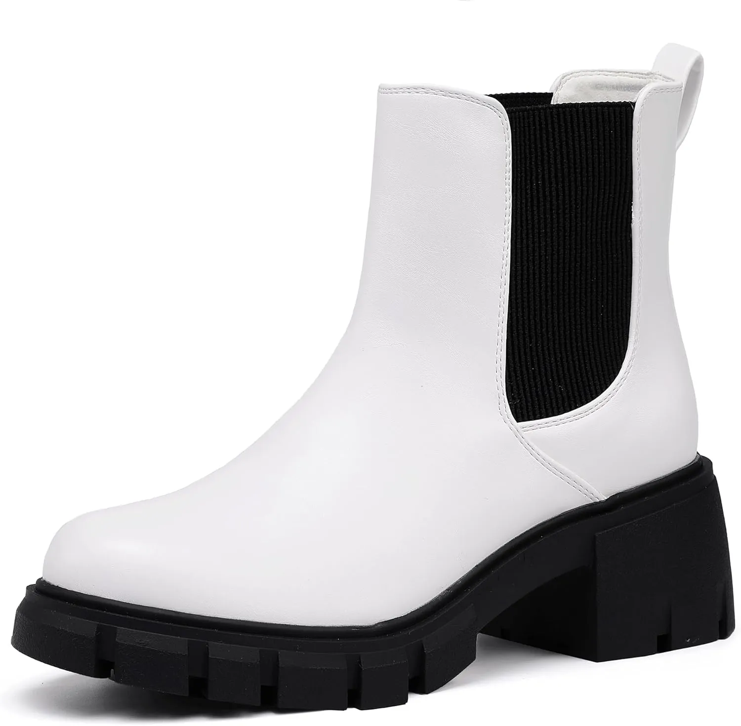IDIFU IN2 Chelsea Boots Women Ankle Boots for Women Platform Low Heel Short Chunky Lug Sole Block Round Toe Boots Fall Dress Comfortable Fashion Booties for Women Elastic Heeled Boots