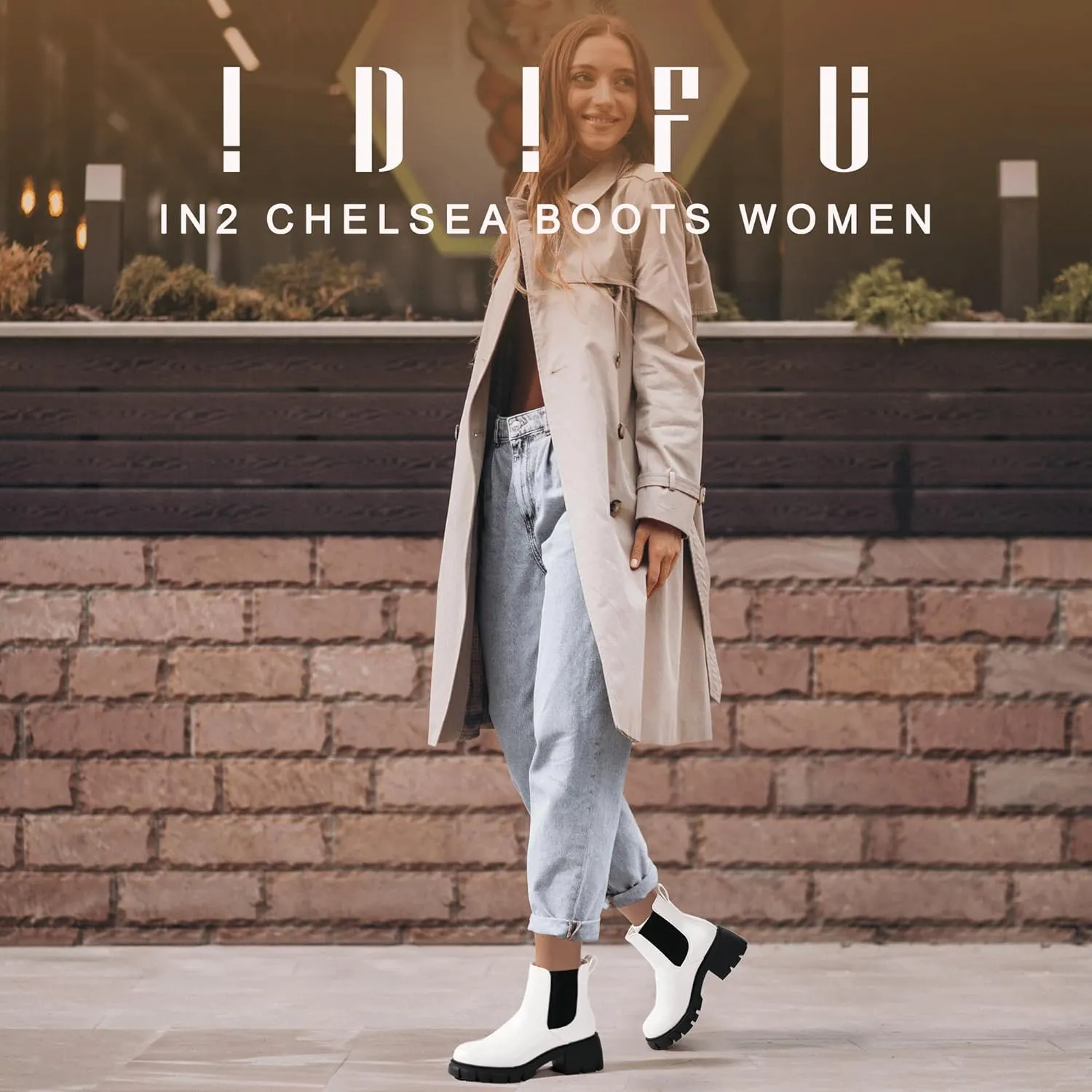 IDIFU IN2 Chelsea Boots Women Ankle Boots for Women Platform Low Heel Short Chunky Lug Sole Block Round Toe Boots Fall Dress Comfortable Fashion Booties for Women Elastic Heeled Boots