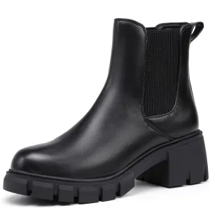 IDIFU IN2 Chelsea Boots Women Ankle Boots for Women Platform Low Heel Short Chunky Lug Sole Block Round Toe Boots Fall Dress Comfortable Fashion Booties for Women Elastic Heeled Boots