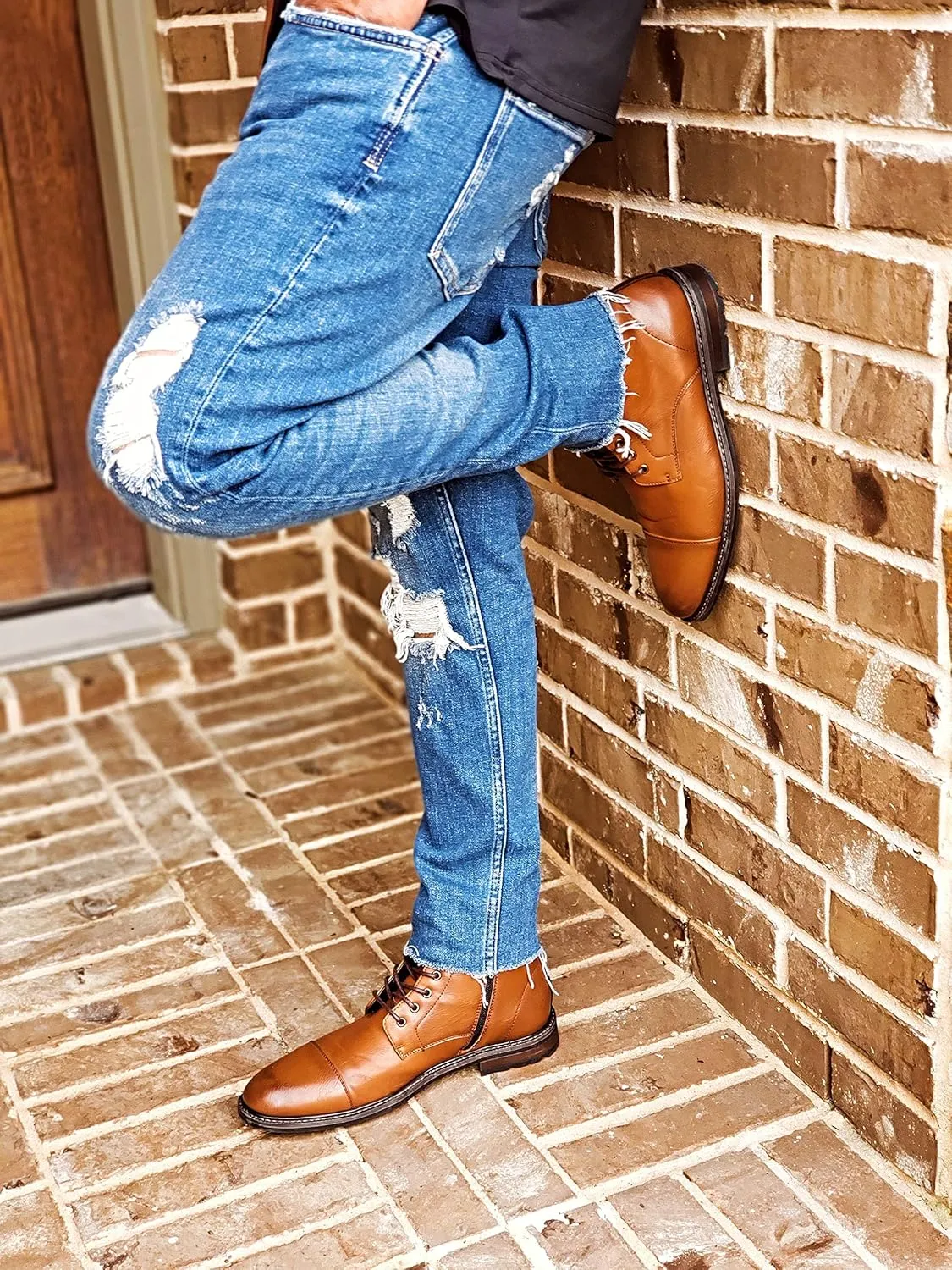 Jazam Men's Carson Distressed Cap Toe Tall Motorcycle Military Combat Dress Boots
