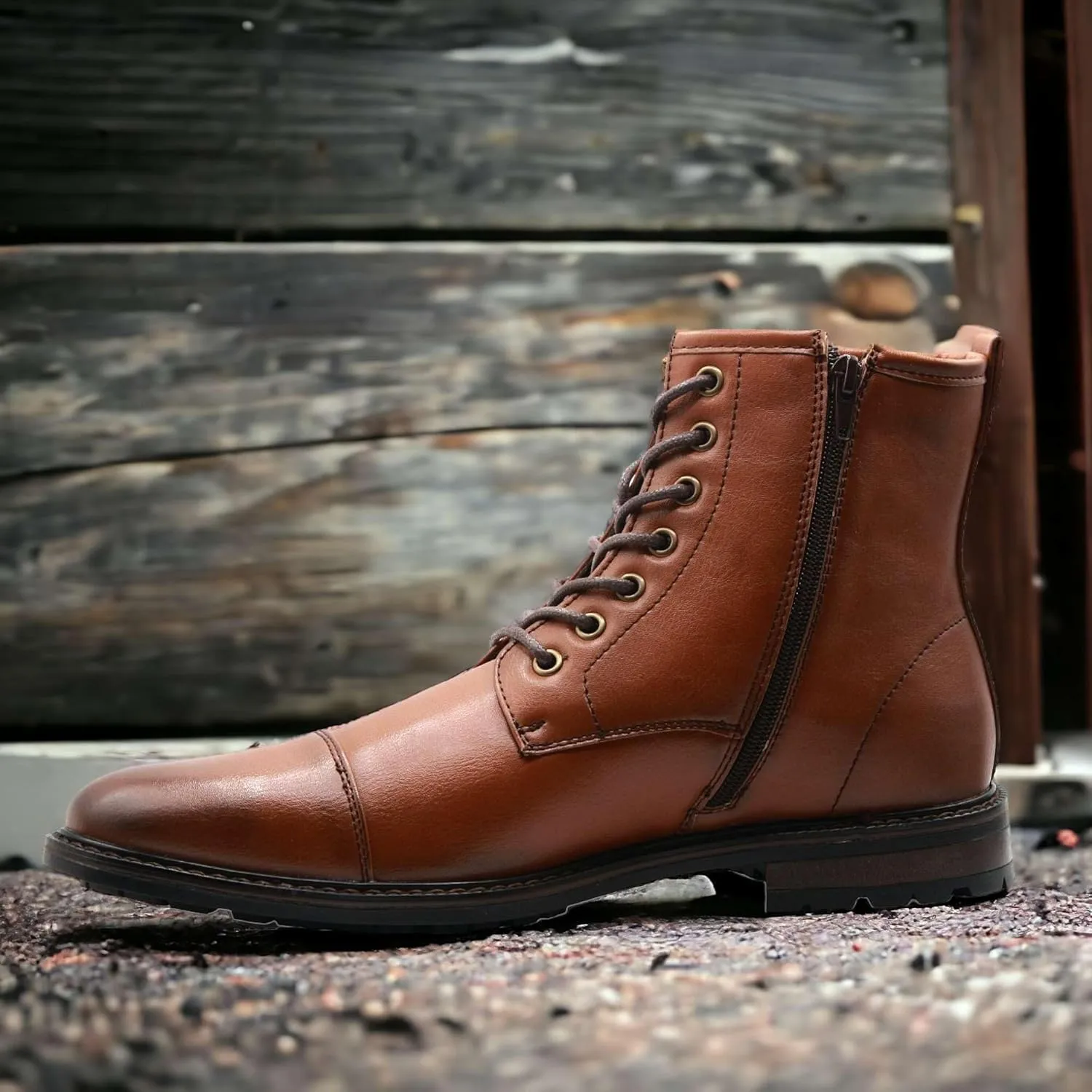 Jazam Men's Carson Distressed Cap Toe Tall Motorcycle Military Combat Dress Boots