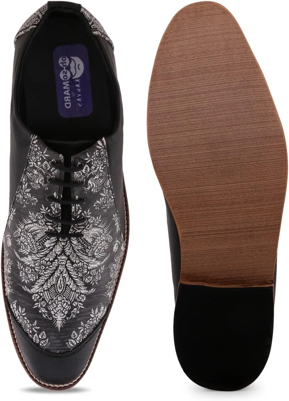 KANVAS Men's Black Faux Leather Pointed Toe Brogues Shoe