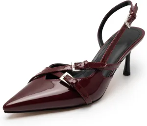 KaroNairy Kitten Heels for Women Pointed Toe Slingback Heels Closed Toe Wedding Dress Pumps with Buckles