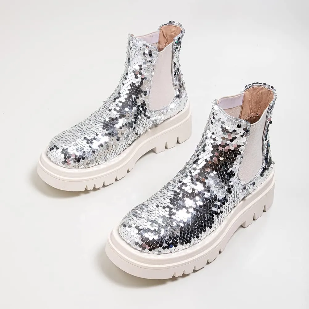 keleimusi Women's Sequins Chelsea Boots Low Heel Slip On Elastic Ankle Boots Round Toe Combat Booties