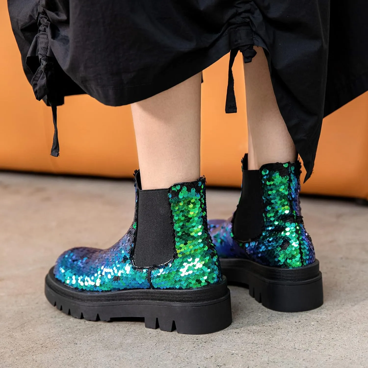 keleimusi Women's Sequins Chelsea Boots Low Heel Slip On Elastic Ankle Boots Round Toe Combat Booties