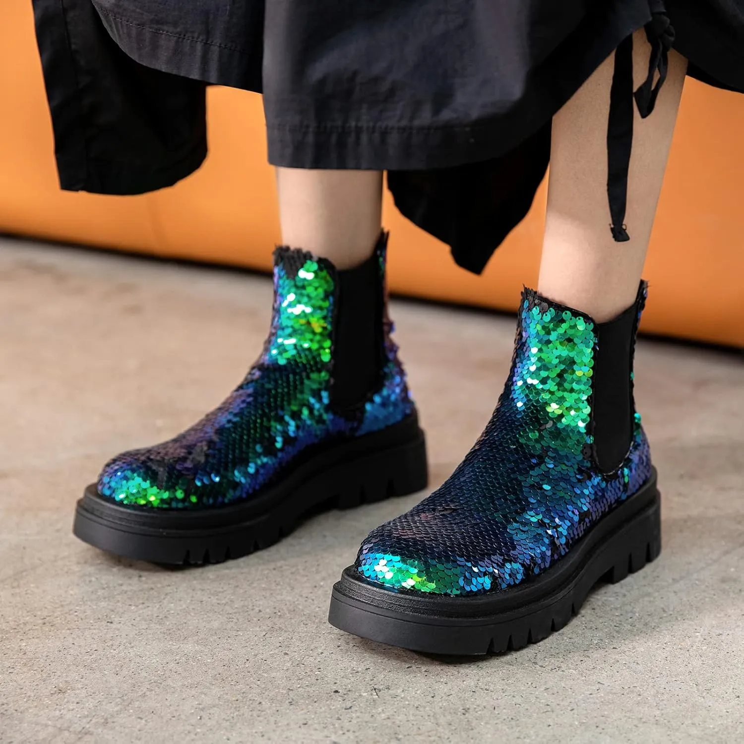 keleimusi Women's Sequins Chelsea Boots Low Heel Slip On Elastic Ankle Boots Round Toe Combat Booties
