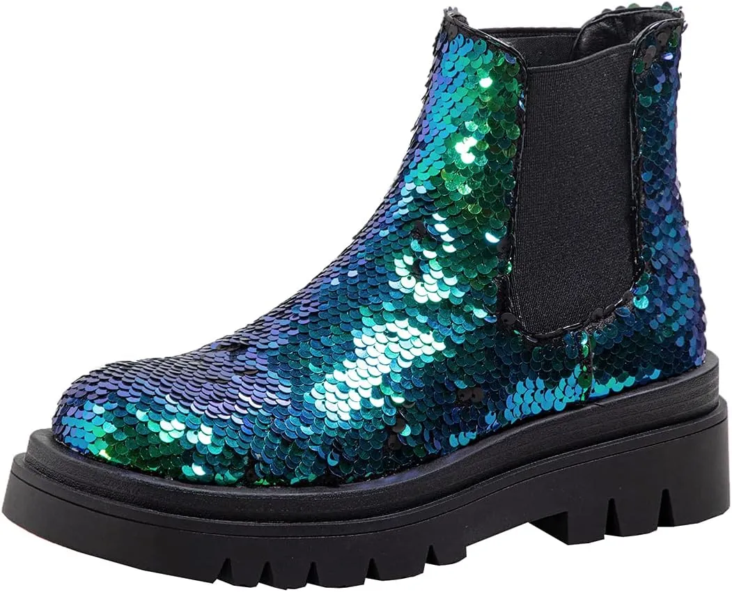 keleimusi Women's Sequins Chelsea Boots Low Heel Slip On Elastic Ankle Boots Round Toe Combat Booties