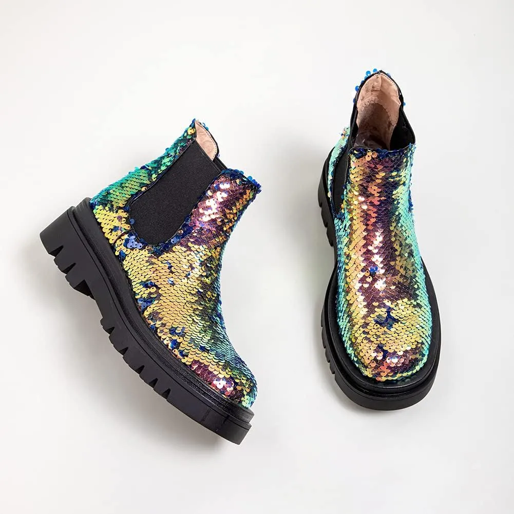 keleimusi Women's Sequins Chelsea Boots Low Heel Slip On Elastic Ankle Boots Round Toe Combat Booties