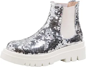 keleimusi Women's Sequins Chelsea Boots Low Heel Slip On Elastic Ankle Boots Round Toe Combat Booties
