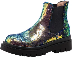 keleimusi Women's Sequins Chelsea Boots Low Heel Slip On Elastic Ankle Boots Round Toe Combat Booties