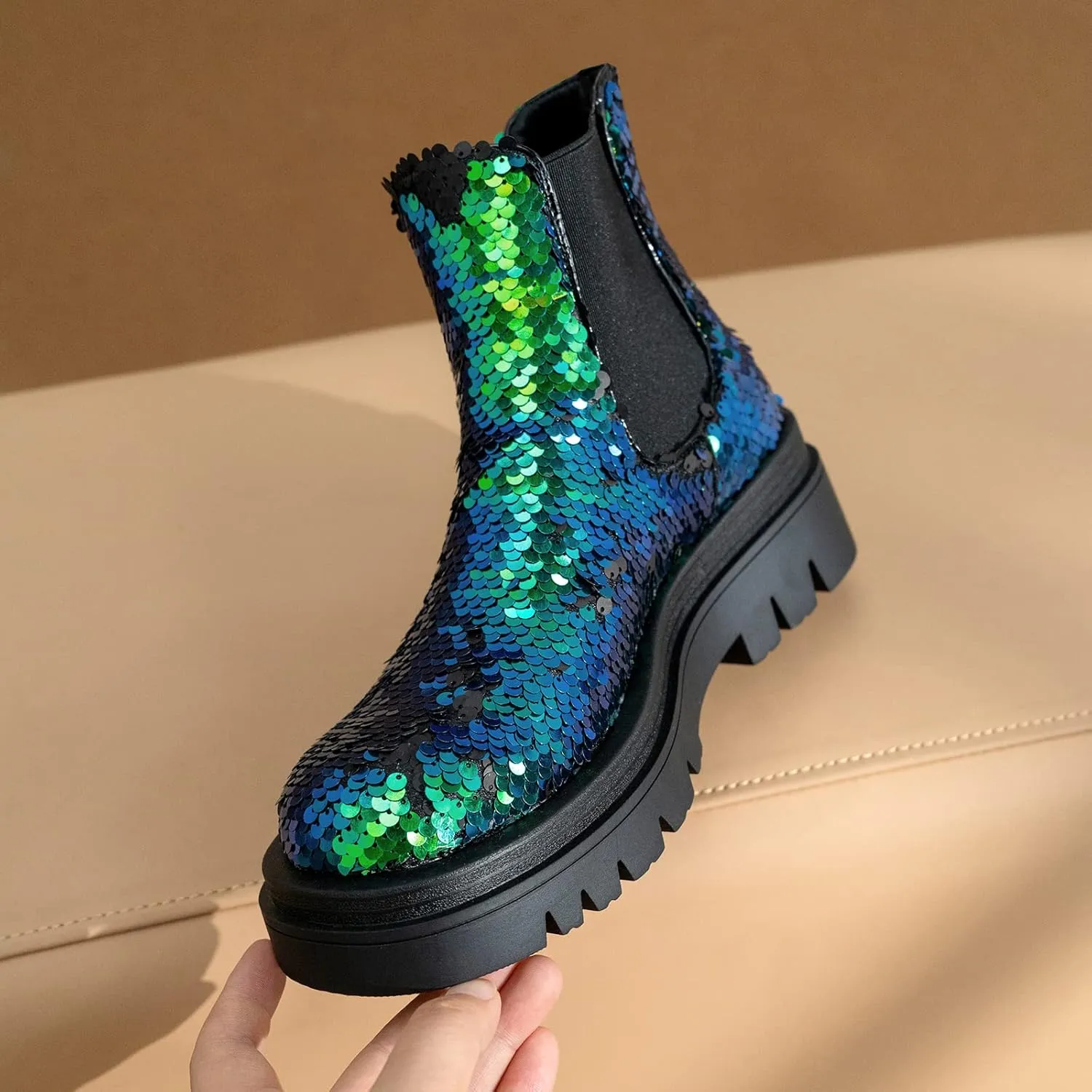 keleimusi Women's Sequins Chelsea Boots Low Heel Slip On Elastic Ankle Boots Round Toe Combat Booties