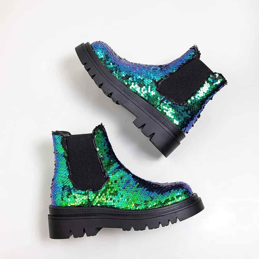 keleimusi Women's Sequins Chelsea Boots Low Heel Slip On Elastic Ankle Boots Round Toe Combat Booties