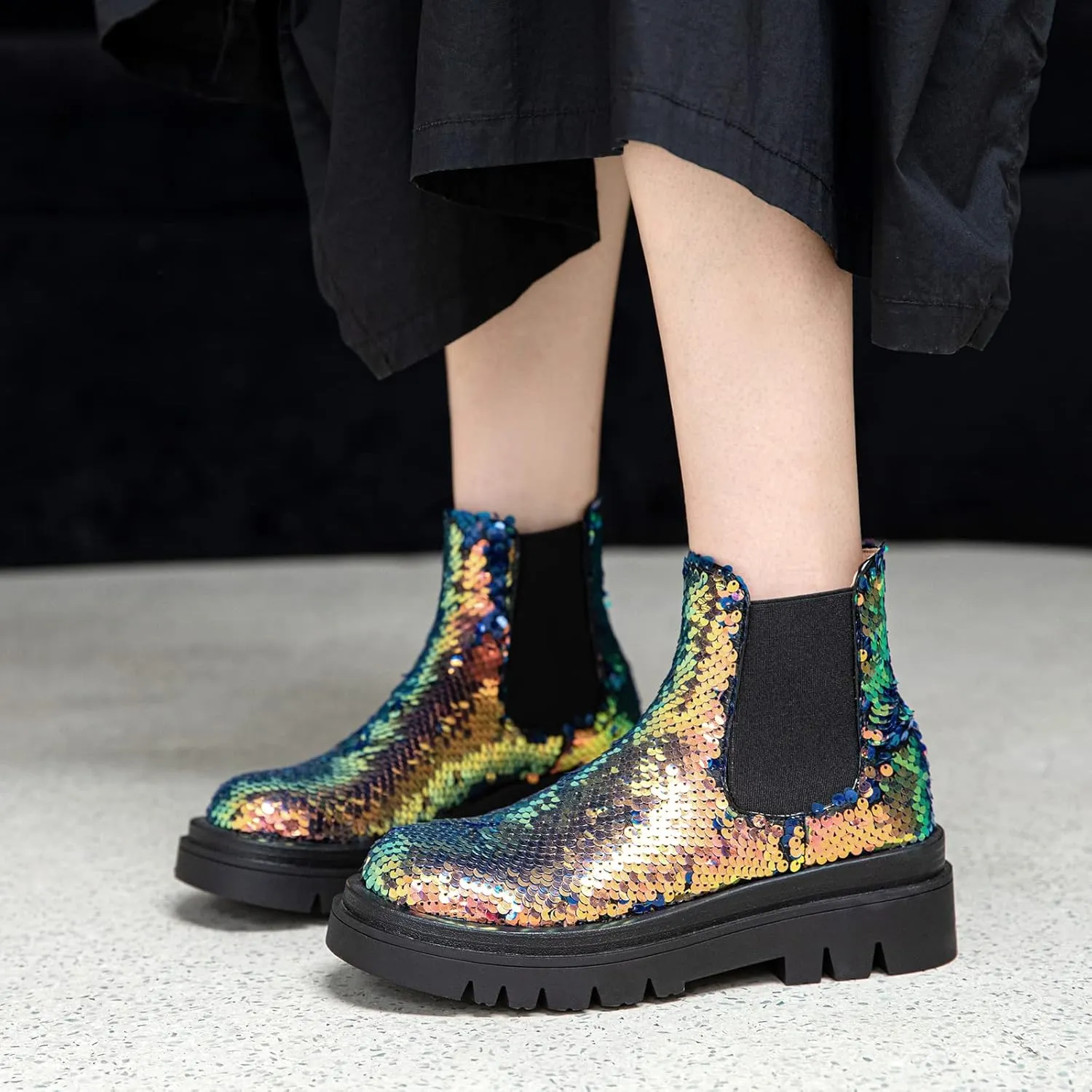 keleimusi Women's Sequins Chelsea Boots Low Heel Slip On Elastic Ankle Boots Round Toe Combat Booties