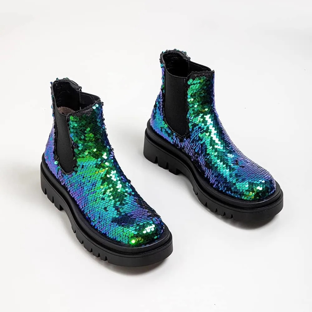 keleimusi Women's Sequins Chelsea Boots Low Heel Slip On Elastic Ankle Boots Round Toe Combat Booties
