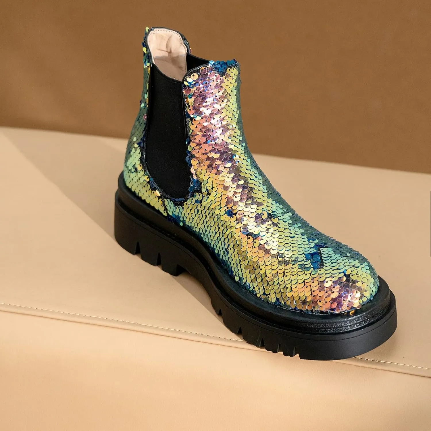 keleimusi Women's Sequins Chelsea Boots Low Heel Slip On Elastic Ankle Boots Round Toe Combat Booties