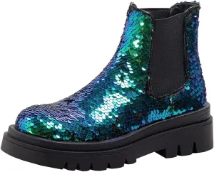 keleimusi Women's Sequins Chelsea Boots Low Heel Slip On Elastic Ankle Boots Round Toe Combat Booties