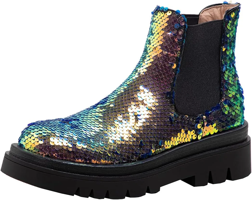 keleimusi Women's Sequins Chelsea Boots Low Heel Slip On Elastic Ankle Boots Round Toe Combat Booties