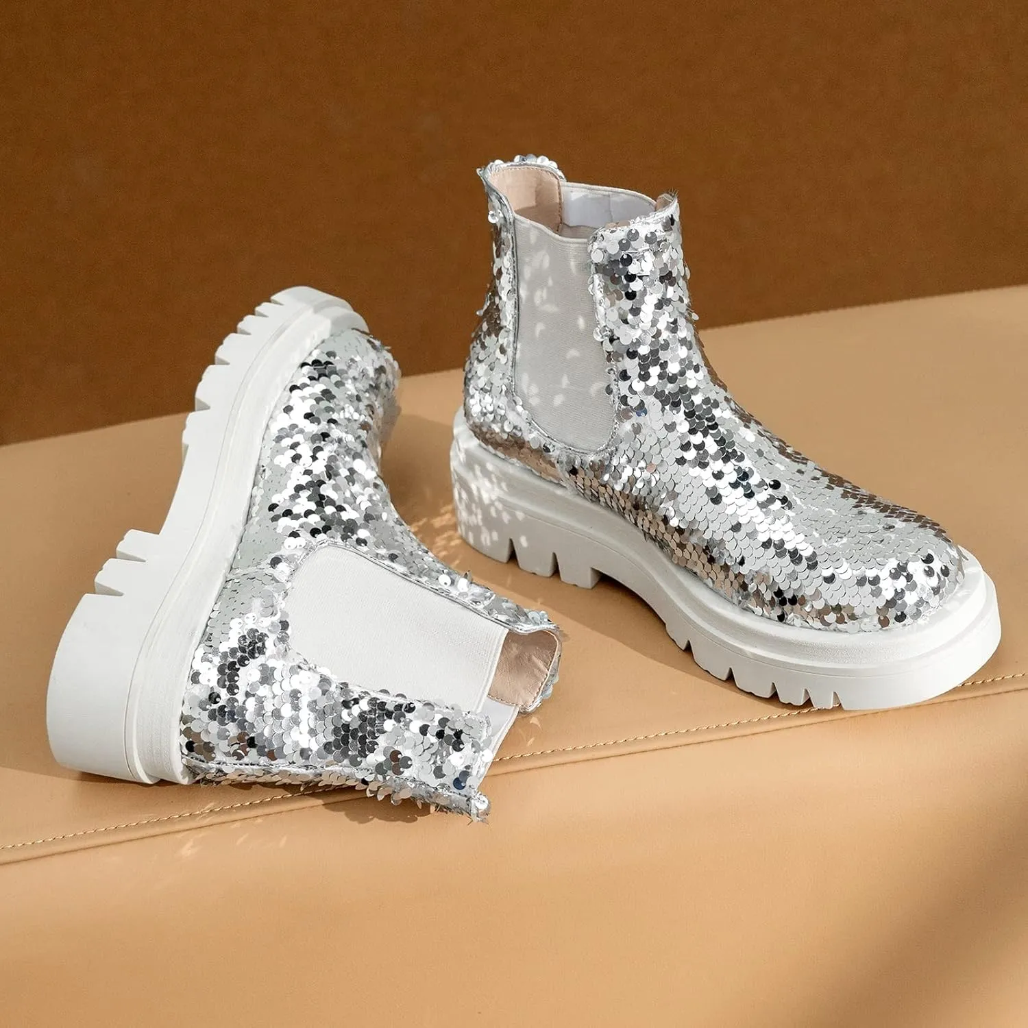 keleimusi Women's Sequins Chelsea Boots Low Heel Slip On Elastic Ankle Boots Round Toe Combat Booties