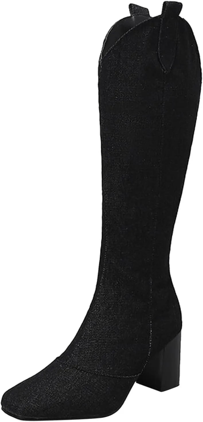 Ladies Cowboy Fashion Vintage Boots Pointed Toe Low Heel Side Zipper Knee Boots Knee High Boots 12w Women Wide Calf (Black, 8.5)