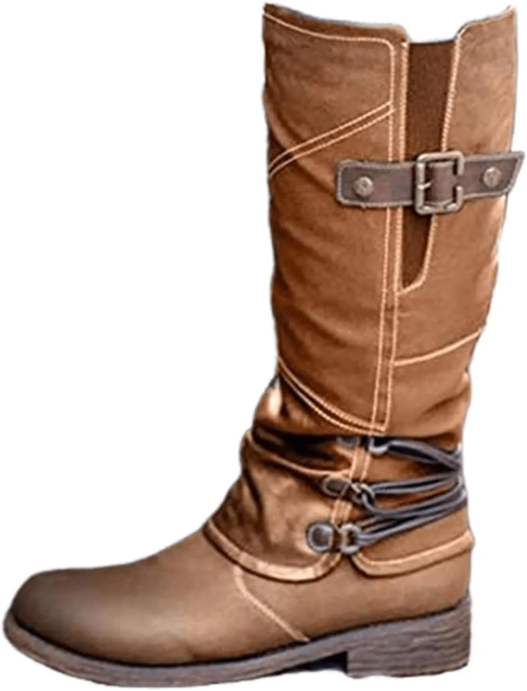 Ladmiple Cowgirl Boots Women Wide Calf Knee High Western Boots Pointed Toe Medium Block Chunky Heel Pull On Cowboy Boots