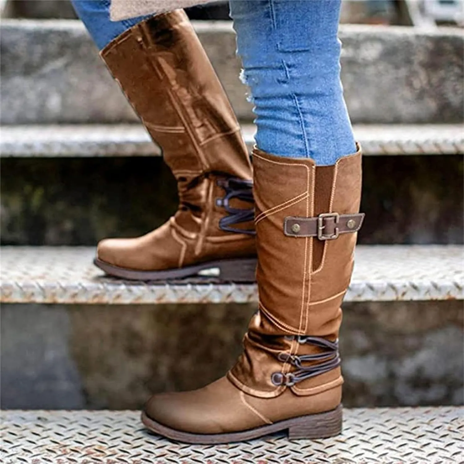 Ladmiple Cowgirl Boots Women Wide Calf Knee High Western Boots Pointed Toe Medium Block Chunky Heel Pull On Cowboy Boots