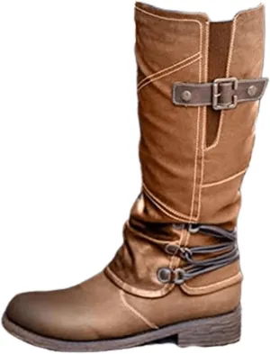 Ladmiple Cowgirl Boots Women Wide Calf Knee High Western Boots Pointed Toe Medium Block Chunky Heel Pull On Cowboy Boots
