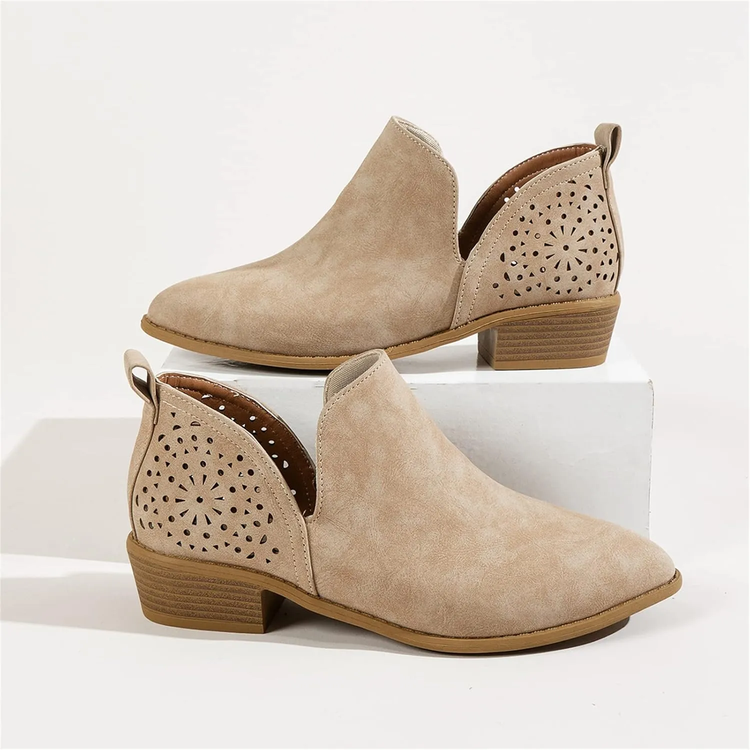Lausiuoe Boots For Women Ankle Booties Low Heel Cutout Block Stacked Chunky Heel Casual Dressy Slip on Fashion Booties