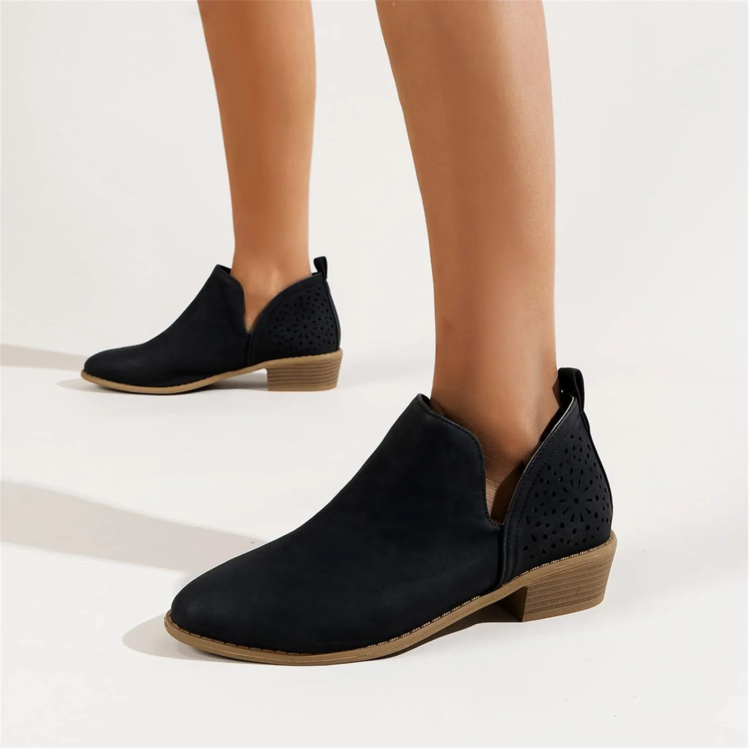 Lausiuoe Boots For Women Ankle Booties Low Heel Cutout Block Stacked Chunky Heel Casual Dressy Slip on Fashion Booties