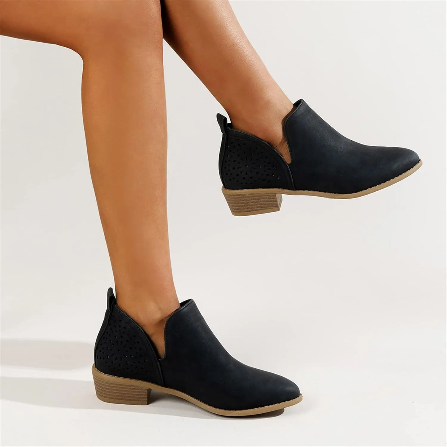 Lausiuoe Boots For Women Ankle Booties Low Heel Cutout Block Stacked Chunky Heel Casual Dressy Slip on Fashion Booties