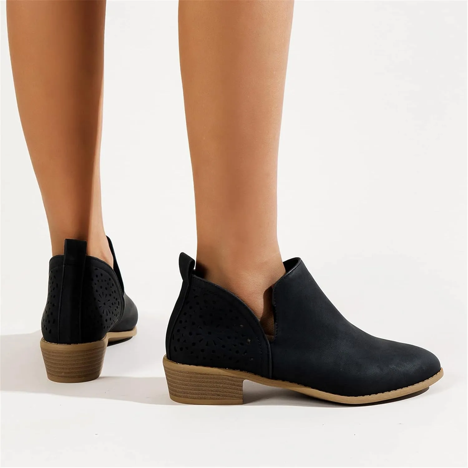 Lausiuoe Boots For Women Ankle Booties Low Heel Cutout Block Stacked Chunky Heel Casual Dressy Slip on Fashion Booties