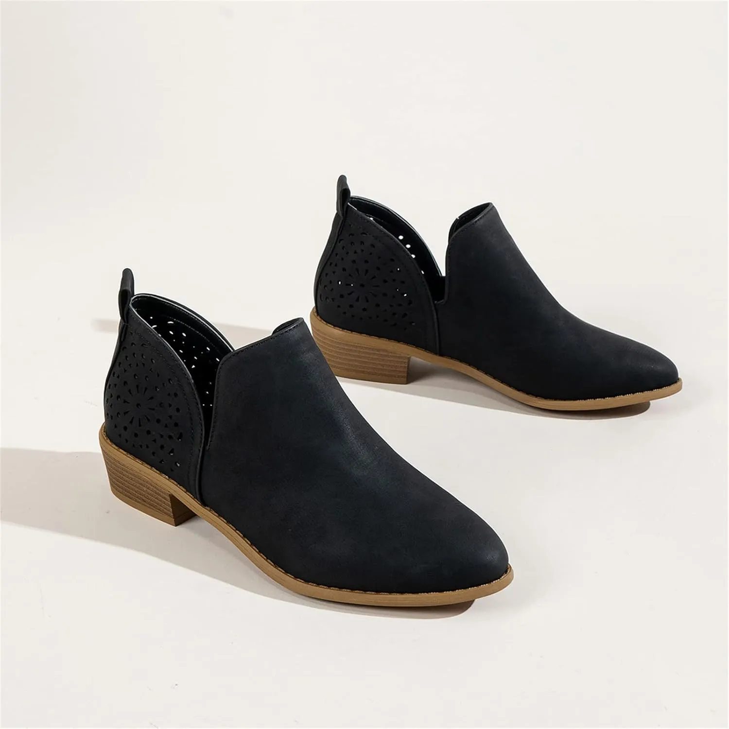 Lausiuoe Boots For Women Ankle Booties Low Heel Cutout Block Stacked Chunky Heel Casual Dressy Slip on Fashion Booties