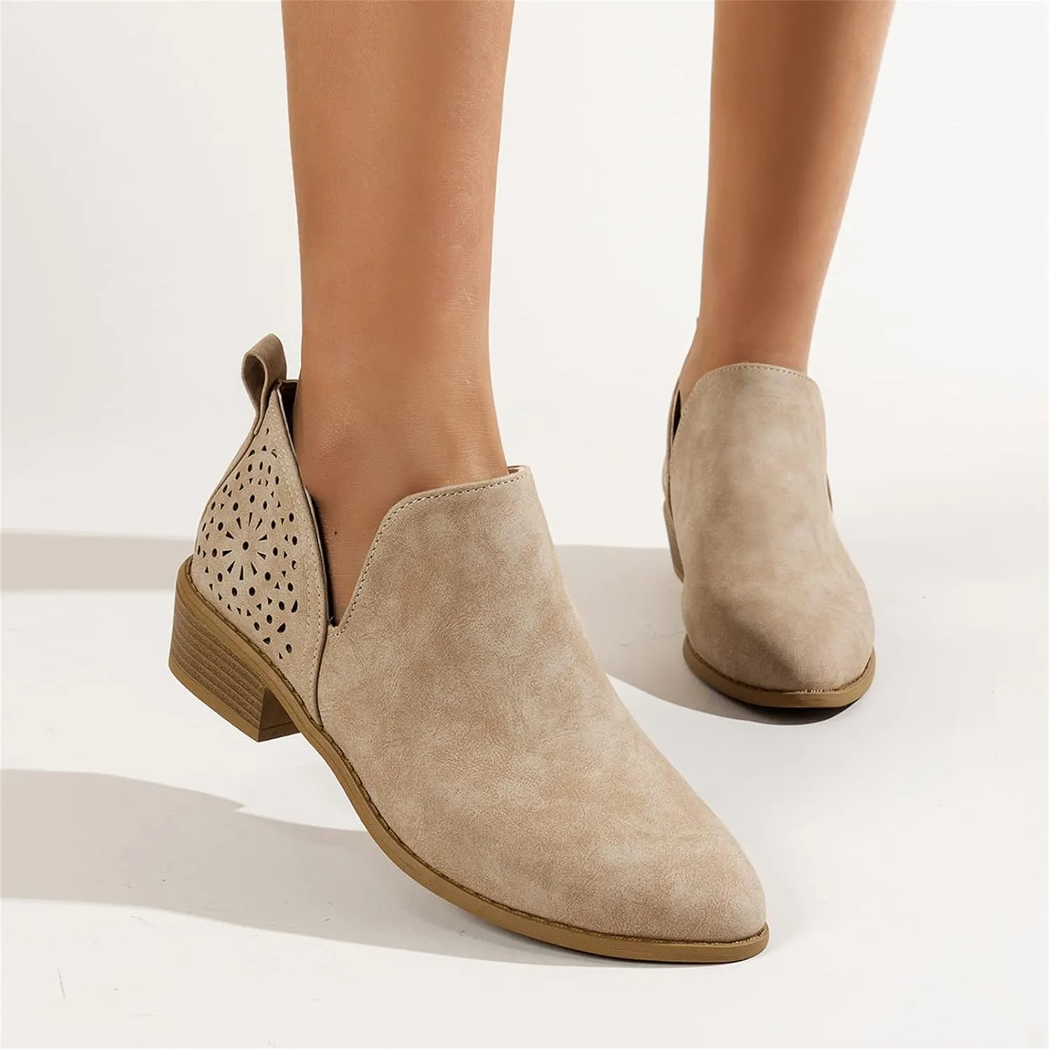 Lausiuoe Boots For Women Ankle Booties Low Heel Cutout Block Stacked Chunky Heel Casual Dressy Slip on Fashion Booties