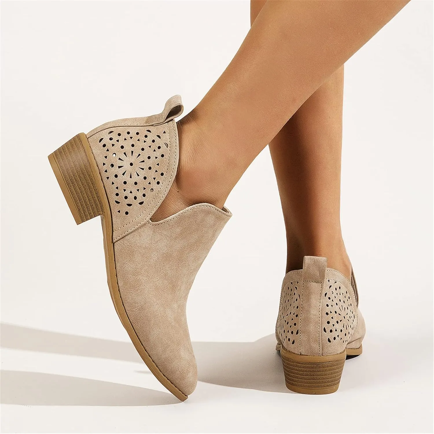 Lausiuoe Boots For Women Ankle Booties Low Heel Cutout Block Stacked Chunky Heel Casual Dressy Slip on Fashion Booties