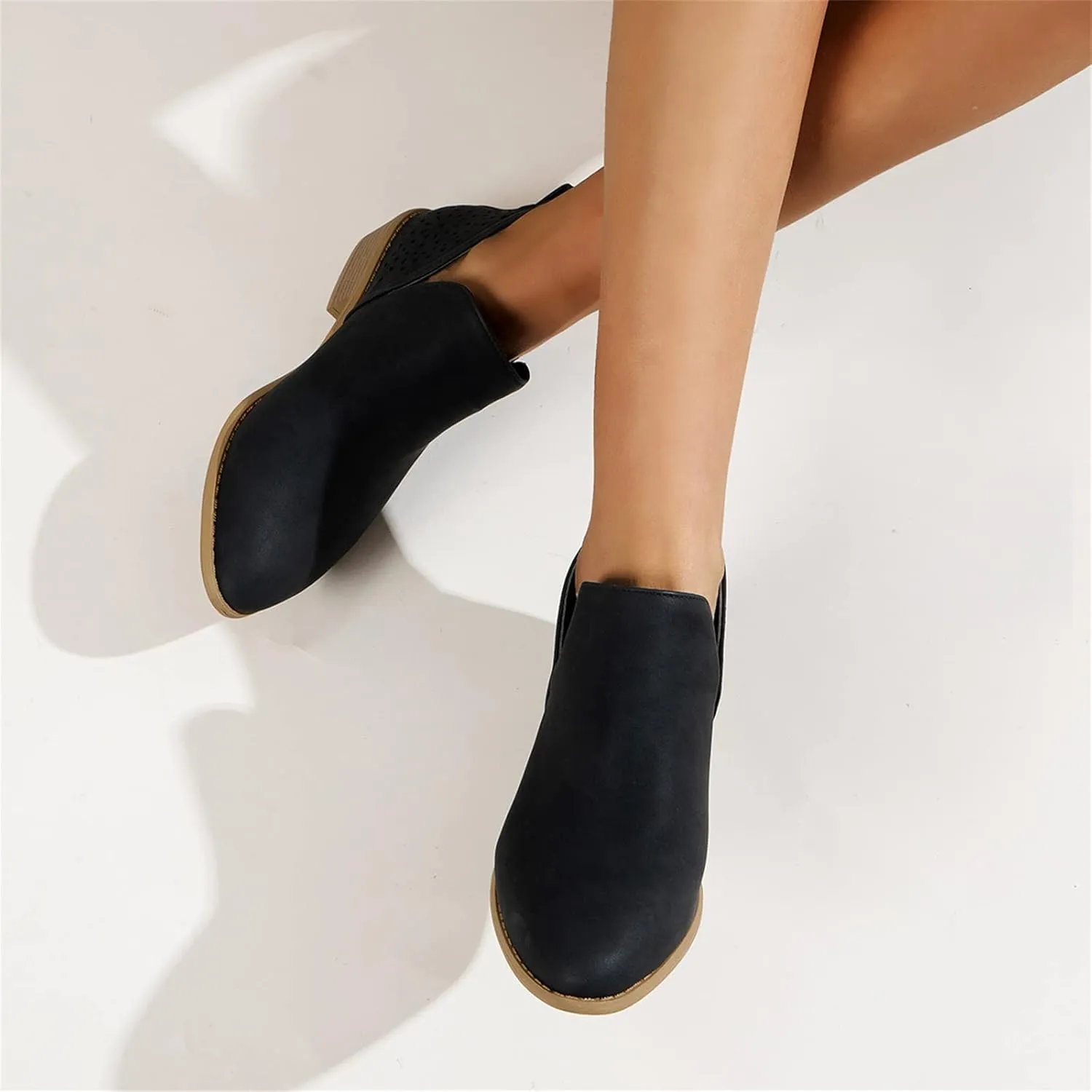 Lausiuoe Boots For Women Ankle Booties Low Heel Cutout Block Stacked Chunky Heel Casual Dressy Slip on Fashion Booties