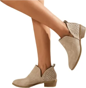 Lausiuoe Boots For Women Ankle Booties Low Heel Cutout Block Stacked Chunky Heel Casual Dressy Slip on Fashion Booties