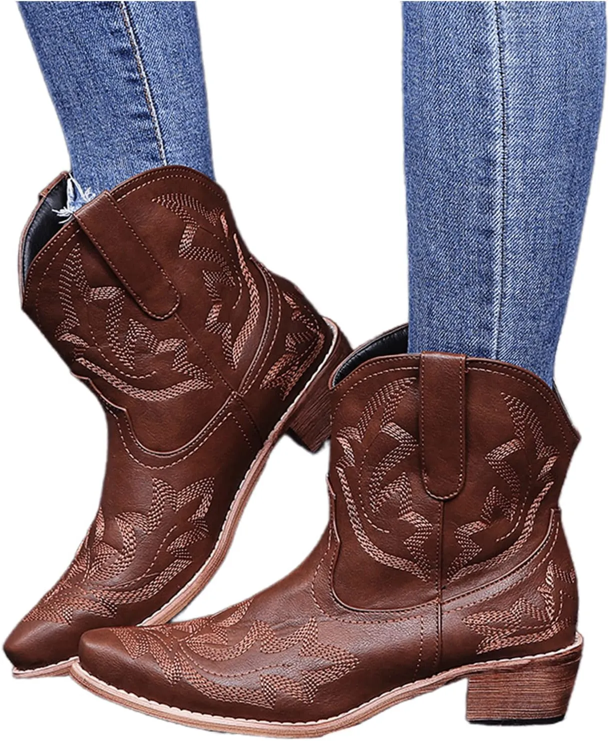 Lausiuoe Cowboy Boots For Women Wide Calf Short Heel Embroidered Western Pointed Toe Cowgirl Style Fashion Boot Pull-On