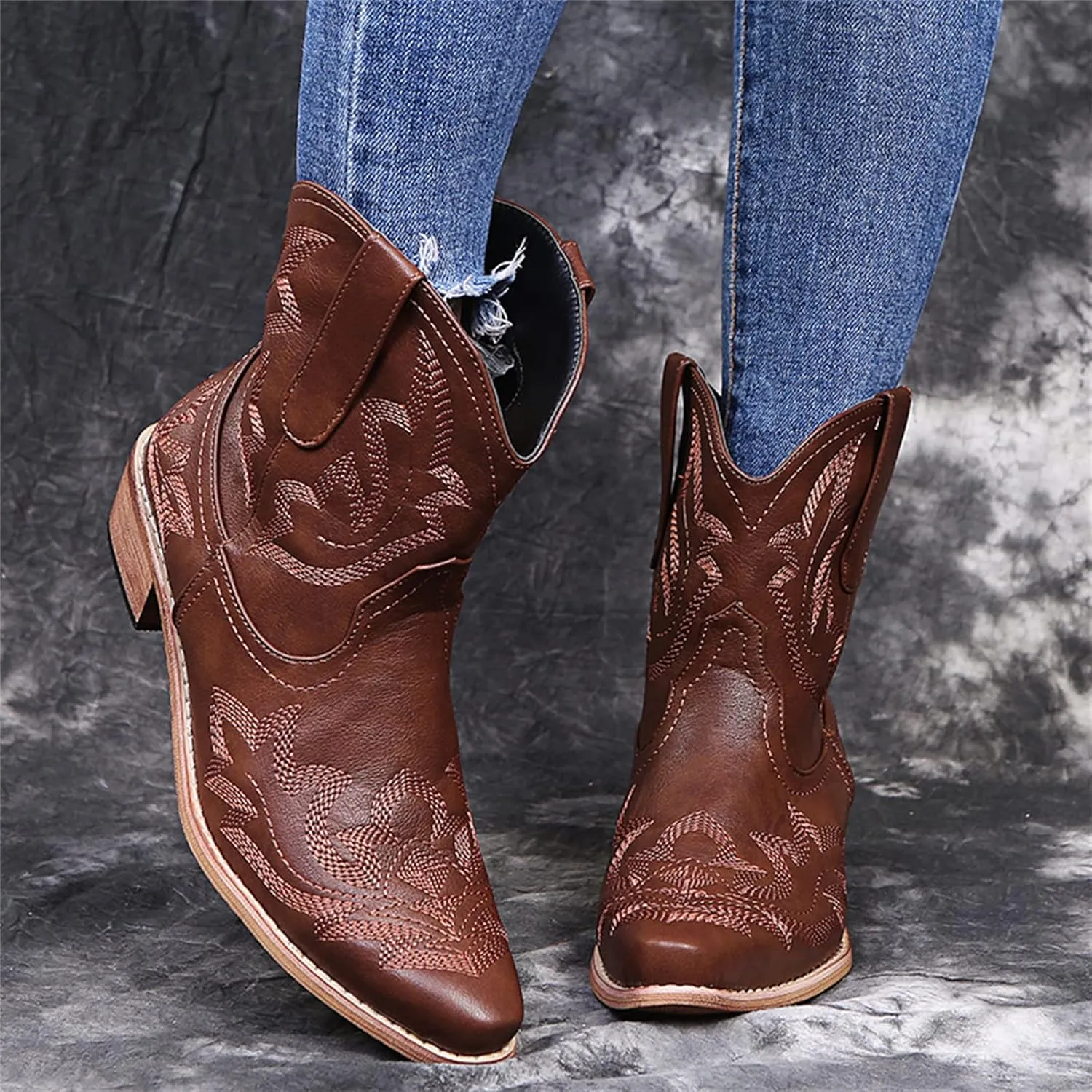 Lausiuoe Cowboy Boots For Women Wide Calf Short Heel Embroidered Western Pointed Toe Cowgirl Style Fashion Boot Pull-On